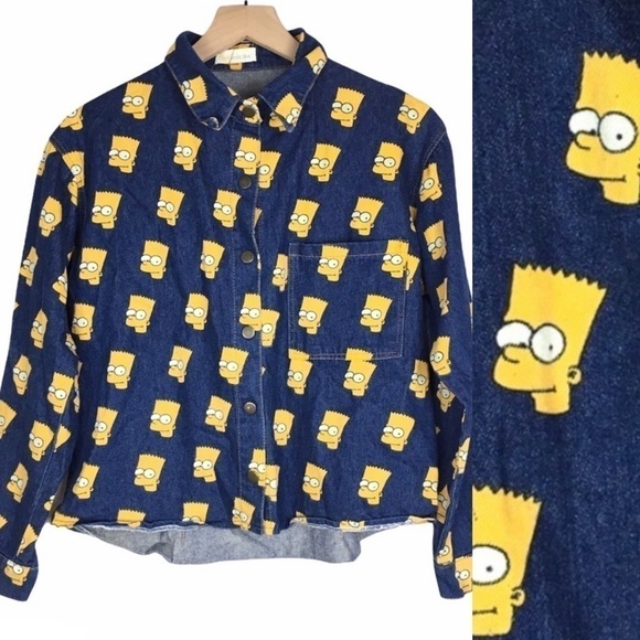 Bart Simpson LUNATIC BLUE Denim Jean Jacket Shirt Shacket Cartoon Fun Retro Snap - Picture 1 of 11
